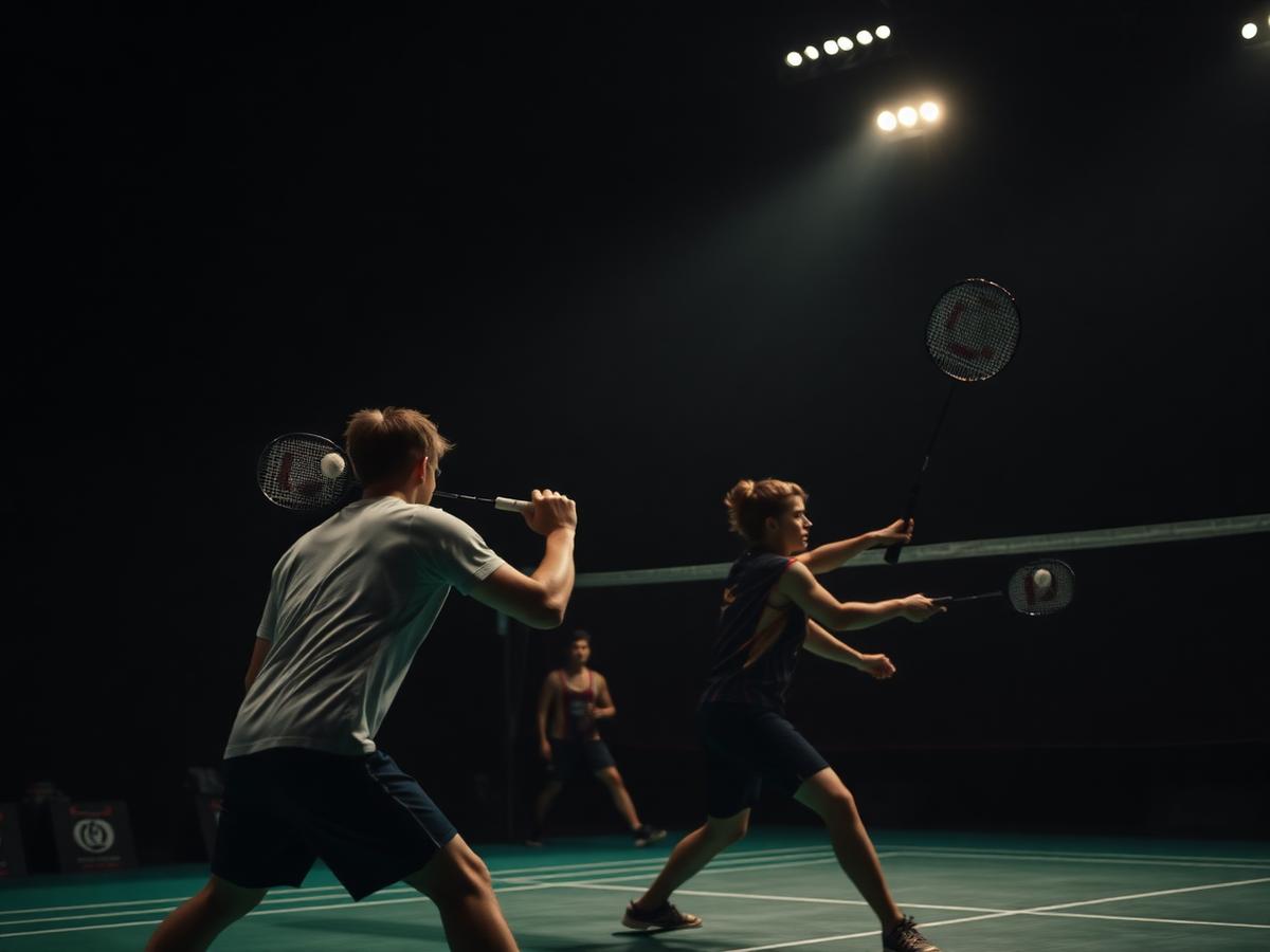 Two badminton players in an intense rally at the net